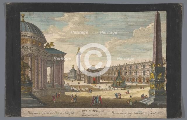 View of an obelisk, a triumphal arch, a column and other structures in Rome, 1745-1775. Creator: Anon.