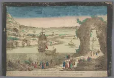 View of arrival of the French in the port of Cayenne to establish a new settlement., 1762. Creator: Anon