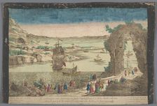 View of arrival of the French in the port of Cayenne to establish a new settlement., 1762. Creator: Anon