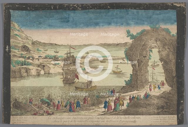 View of arrival of the French in the port of Cayenne to establish a new settlement., 1762. Creator: Anon.