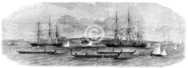 View of Auckland Harbour, New Zealand...the race of the Maori war-canoes, 1862. Creator: Unknown.