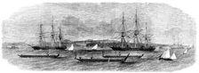 View of Auckland Harbour, New Zealand...the race of the Maori war-canoes, 1862. Creator: Unknown