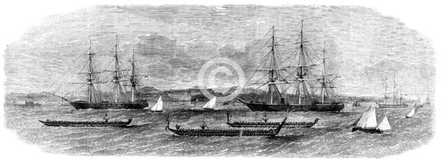 View of Auckland Harbour, New Zealand...the race of the Maori war-canoes, 1862. Creator: Unknown.