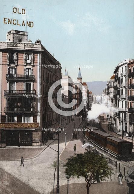 View of Balmes Street, Barcelona, at the end of 19th century, color postcard.