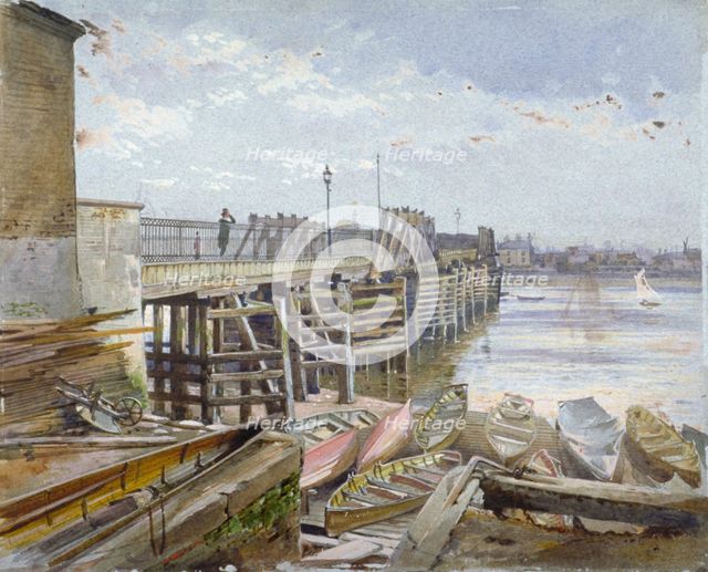 View of Battersea Bridge looking across the River Thames, London, 1885. Artist: John Crowther