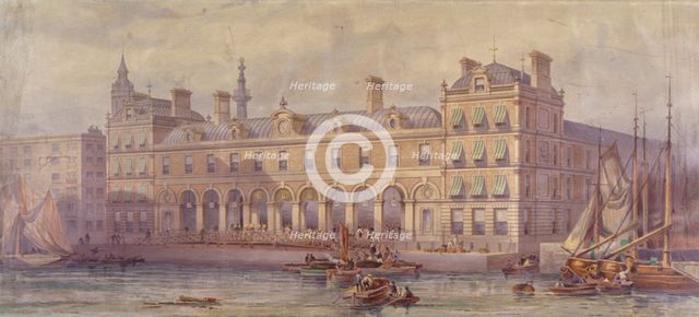 View of Billingsgate Market with figures and boats in the foreground, London, 1877. Artist: CF Kell