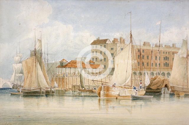 View of Billingsgate Wharf and market with vessels and people, City of London, 1824.                 Artist: James Lambert