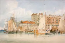 View of Billingsgate Wharf and market with vessels and people, City of London, 1824. Artist: James Lambert