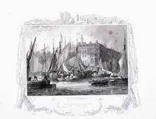 View of Billingsgate wharf with Three Tuns Public House, figures and boats, London, 1834. Artist: James Carter