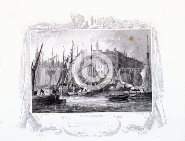 View of Billingsgate wharf with Three Tuns Public House, figures and boats, London, 1834.  Artist: James Carter
