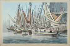 View of Billingsgate wharf with boats on the water, City of London, 1790. Artist: Robert Clevely