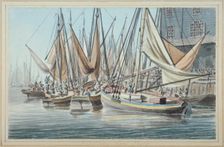 View of Billingsgate wharf with boats on the water, City of London, 1790. Artist: Robert Clevely