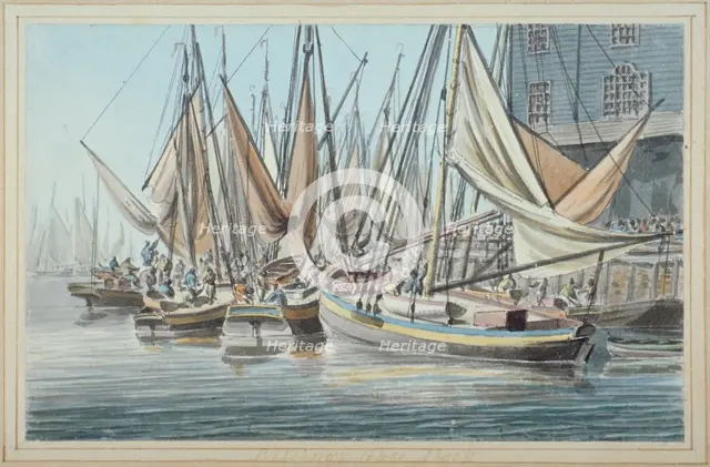 View of Billingsgate wharf with boats on the water, City of London, 1790.                            Artist: Robert Clevely