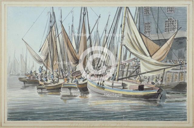 View of Billingsgate wharf with boats on the water, City of London, 1790.                            Artist: Robert Clevely