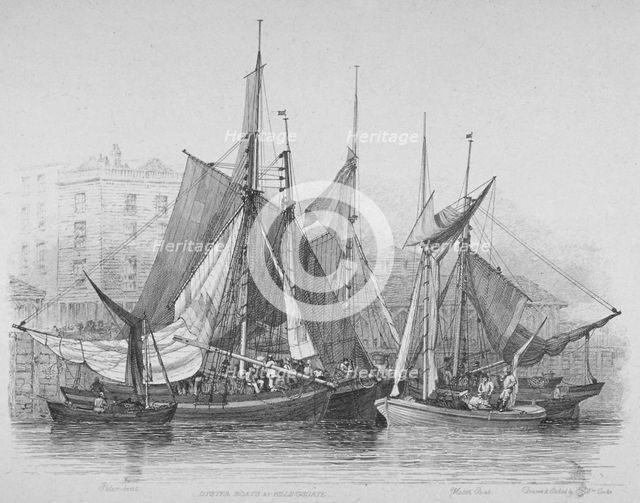 View of Billingsgate wharf with oyster boats, City of London, 1830. Artist: Edward William Cooke