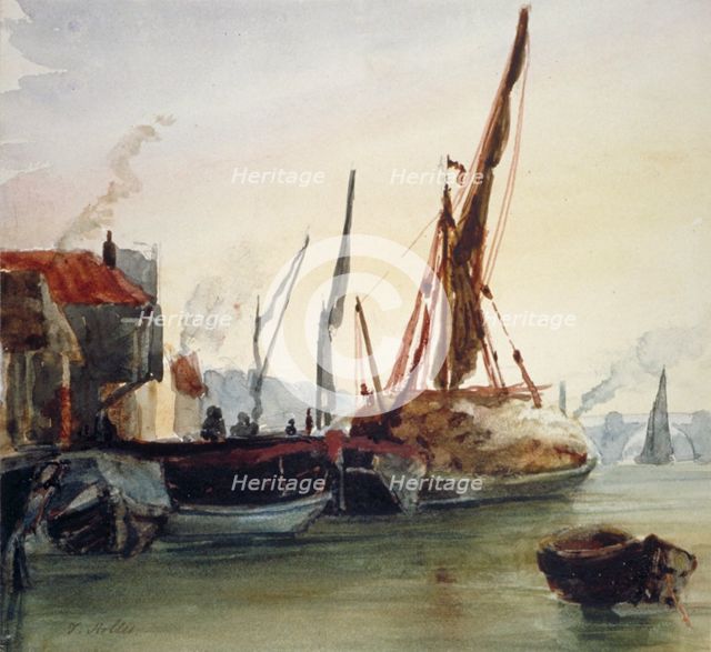 View of boats moored on the River Thames at Bankside, Southwark, London, c1830.                      Artist: Thomas Hollis