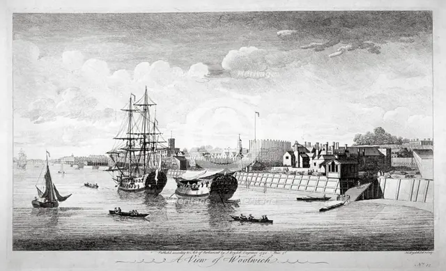 View of boats on the River Thames near Woolwich, Kent, 1750. Artist: John Boydell