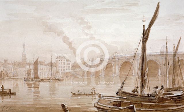 View of Blackfriars Bridge from the Surrey shore, with boats in the foreground, London, c1825. Artist: Luke Clennell
