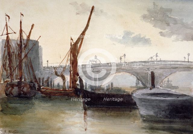 View of Blackfriars Bridge, with boats in the foreground, London, c1835. Artist: Thomas Hollis