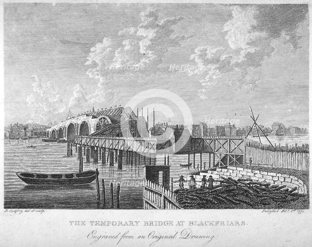 View of Blackfriars Bridge under construction, London, c1762 (1775). Artist: RB Godfrey