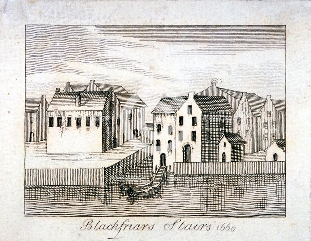 View of Blackfriars Stairs and surrounding buildings, City of London, 1660. Artist: Anon