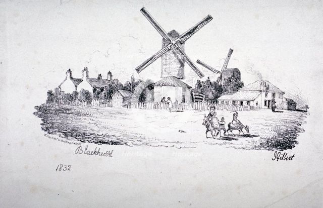 View of Blackheath, showing windmills and buildings, Greenwich, London, 1832. Artist: William Day