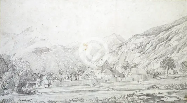 View of Buildings in a walled Enclosure with Mountains in the Background, mid 19th century. Artist: Charles Francois Daubigny.
