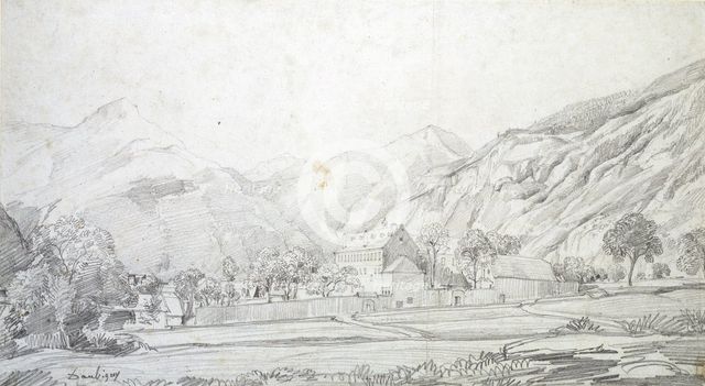 View of Buildings in a walled Enclosure with Mountains in the Background, mid 19th century. Artist: Charles Francois Daubigny.
