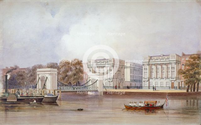 View of Cadogan Pier with boats on the River Thames, Chelsea, London, c1860. Artist: Anon