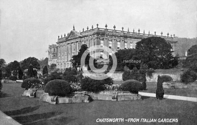 View of Chatsworth House from the Italian Gardens, Derbyshire, c1900-1919(?). Artist: Unknown