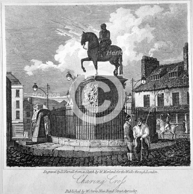 View of Charing Cross, showing the statue of King Charles I, Westminster, London, 1817.      Artist: JC Varrall