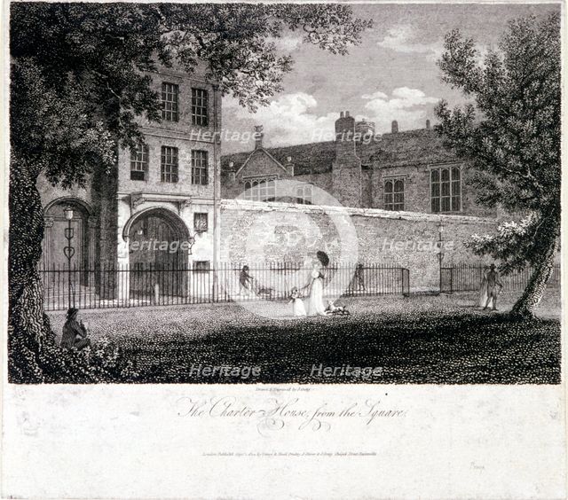 View of Charterhouse from the square with figures, Finsbury, London, 1804. Artist: John Greig