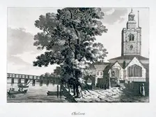View of Chelsea Old Church with the River Thames on the left, London, c1800. Artist: Anon