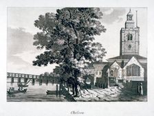 View of Chelsea Old Church with the River Thames on the left, London, c1800. Artist: Anon