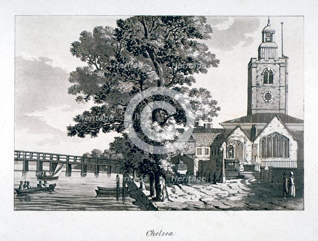 View of Chelsea Old Church with the River Thames on the left, London, c1800.                         Artist: Anon
