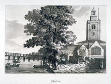 View of Chelsea Old Church with the River Thames on the left, London, c1800. Artist: Anon