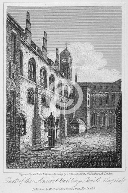 View of Christ's Hospital and a water pump, City of London, 1816. Artist: Edward John Roberts