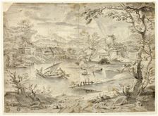 View of City with Fishing Boat in Foreground, n.d. Creator: Unknown