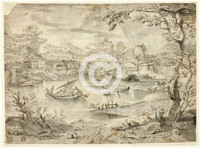 View of City with Fishing Boat in Foreground, n.d. Creator: Unknown.