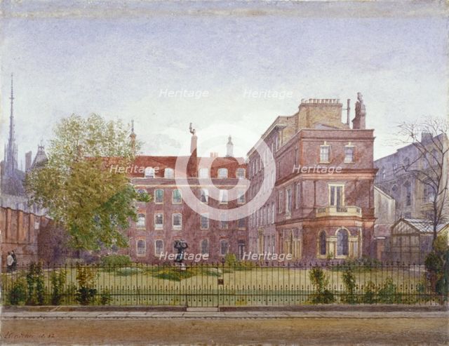 View of Clement's Inn from the north west looking across the gardens, London, 1882. Artist: John Crowther