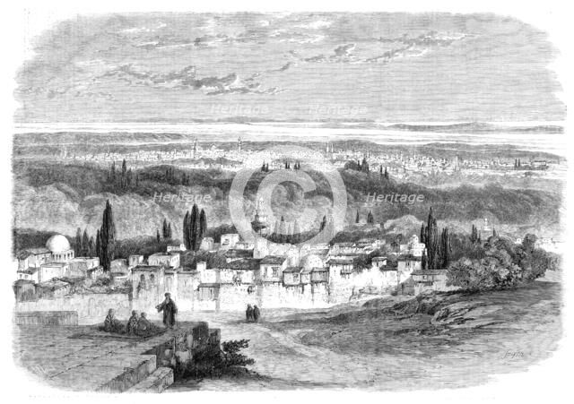 View of Damascus from the Hill of Salahiyeh - from a drawing by E. Harker, 1860. Creator: Smyth.