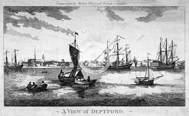 View of Deptford across the River Thames, London, c1790.                                 Artist: Anon