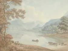 View of Derwent Water, towards Borrowdale (Cumberland), 1754-1817. Creator: Thomas Hearne