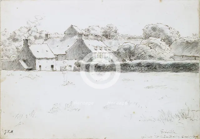 View of farm buildings across a field, 6 August 1871. Artist: Jean Francois Millet.