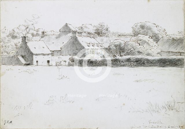 View of farm buildings across a field, 6 August 1871. Artist: Jean Francois Millet.