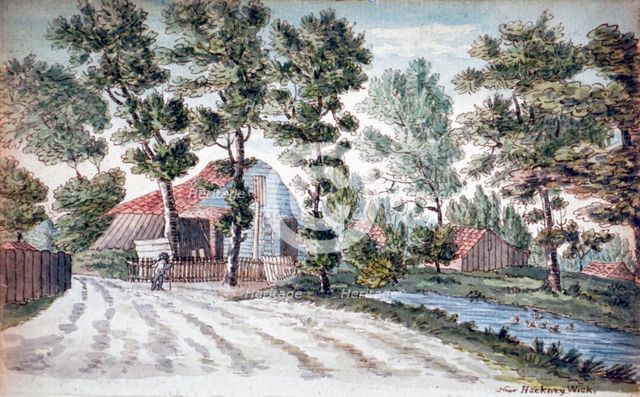 View of farm buildings near a stream in Hackney Wick, London, c1795.                       Artist: Henry Vaughan