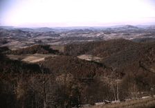 View of fields and wooded foothills from the Skyline Drive, Virginia, ca. 1940. Creator: Jack Delano