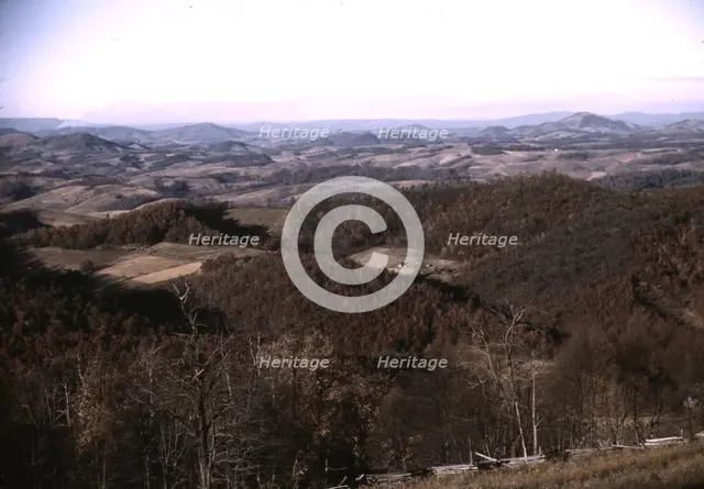 View of fields and wooded foothills from the Skyline Drive, Virginia, ca. 1940. Creator: Jack Delano.