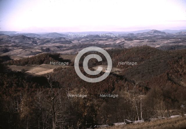 View of fields and wooded foothills from the Skyline Drive, Virginia, ca. 1940. Creator: Jack Delano.