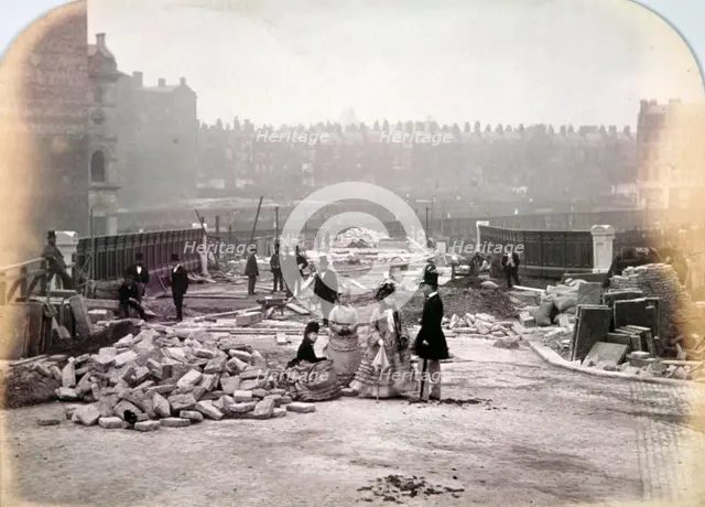 View of figures on Holborn Viaduct during its construction, City of London, 1870. Artist: Henry Dixon